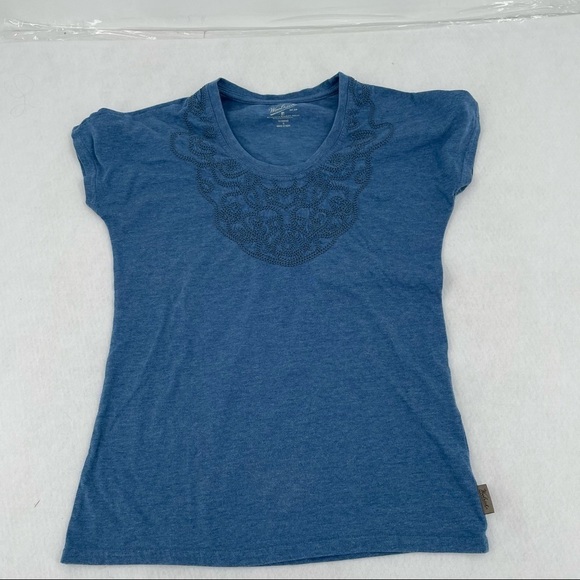 WOOLRICH Womens Blue Short Sleeved T-Shirt Decorative Neckline size: Small - Picture 1 of 7